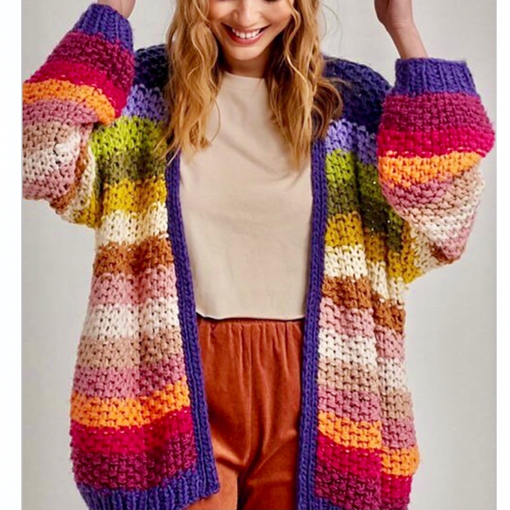 NEW Beautiful colorful boho oversized open cardigan with pockets - Picture 2 of 8